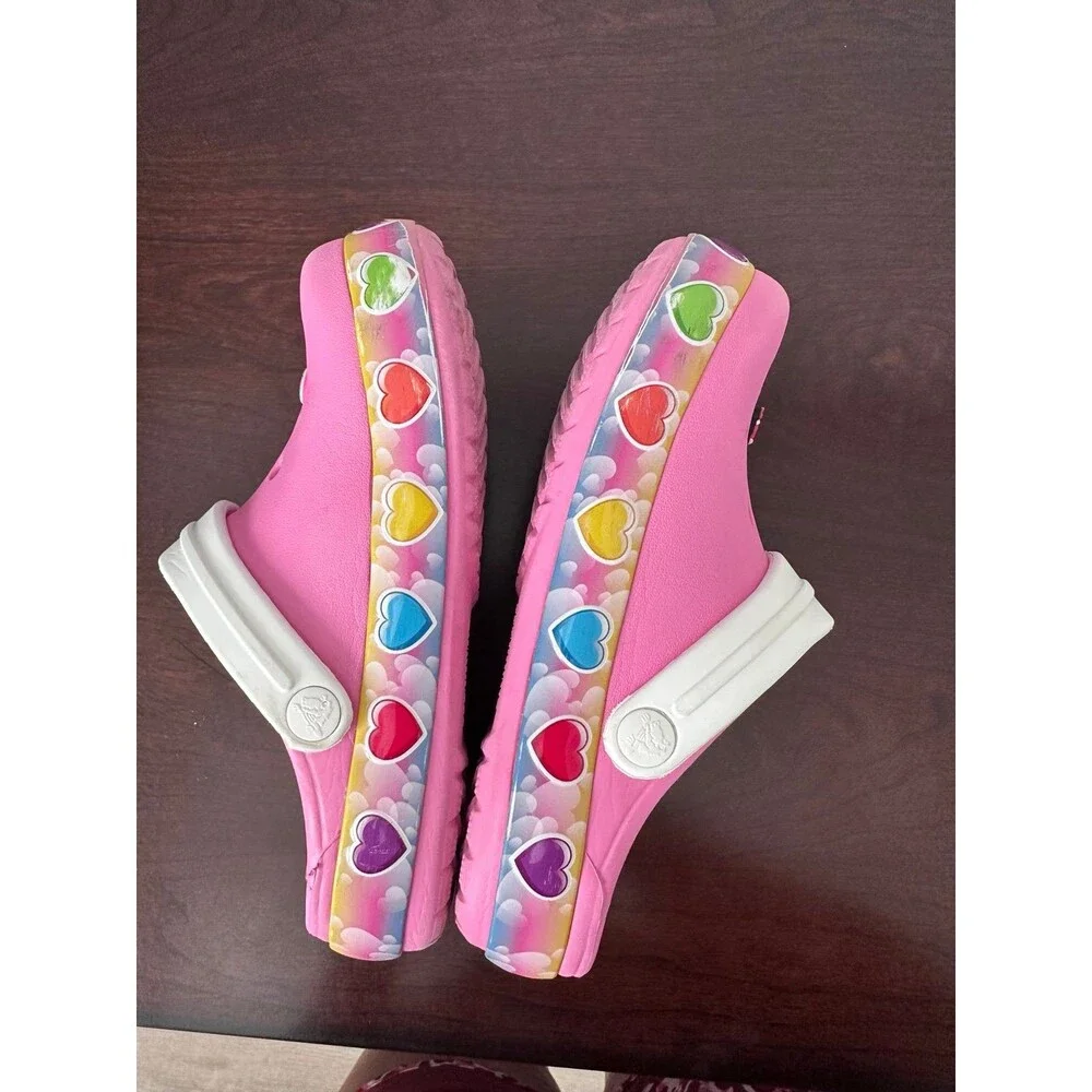 Crocs J1 Kids Pink Unicorn Rainbow Hearts Clogs Jibbitz Shoes Good Condition